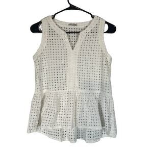 Halogen White Netted Cotton Knit Sleeveless Peplum Style Blouse Women Sz XS
